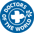 The Doctors of the World logo, which is a solid blue circle with the name of the organisation around the far edge in white letters, and in the centre a drawing of a white dove with a stem in its beak.