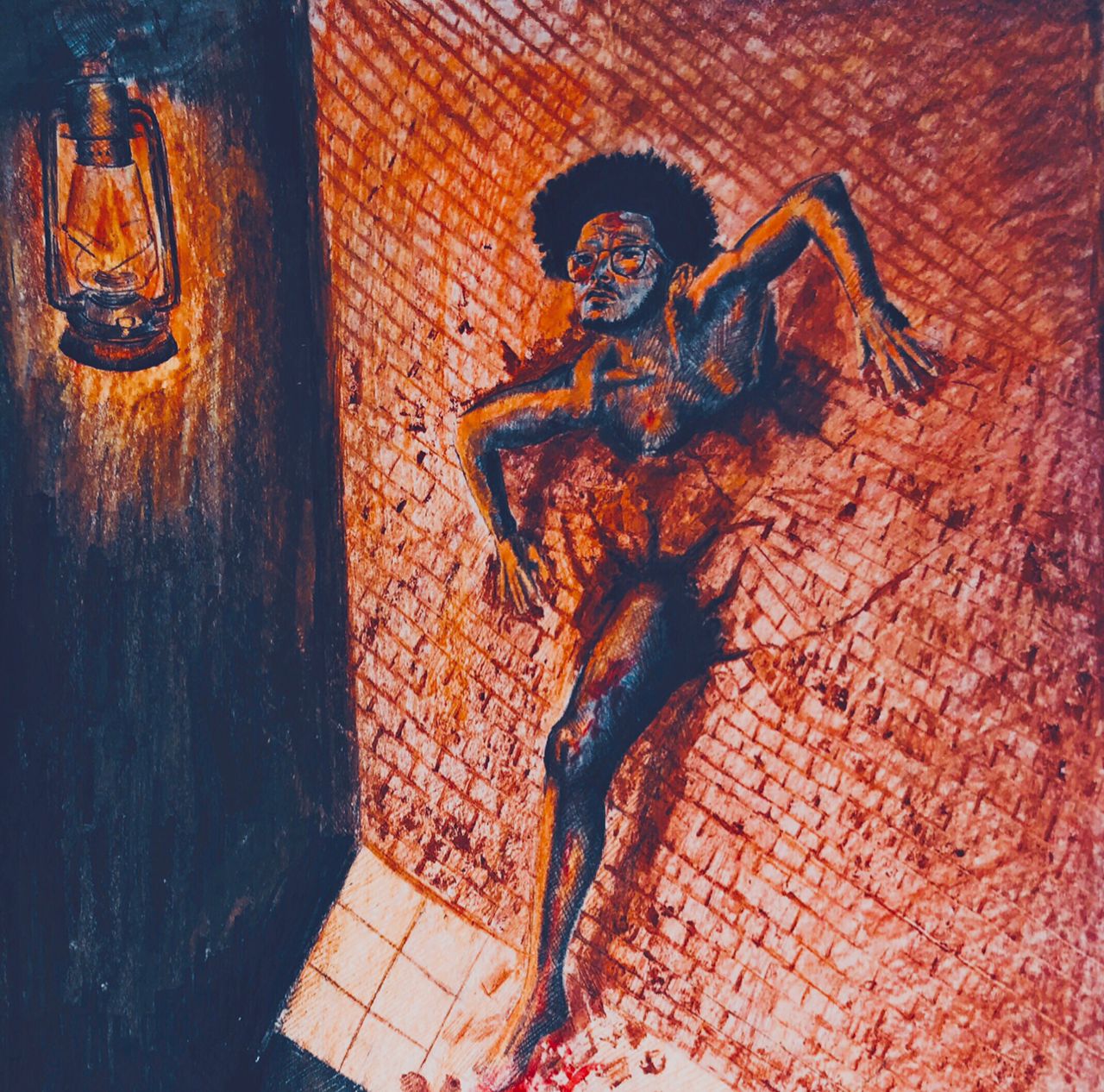 A drawing of a man breaking through a brick wall towards a lit lantern.