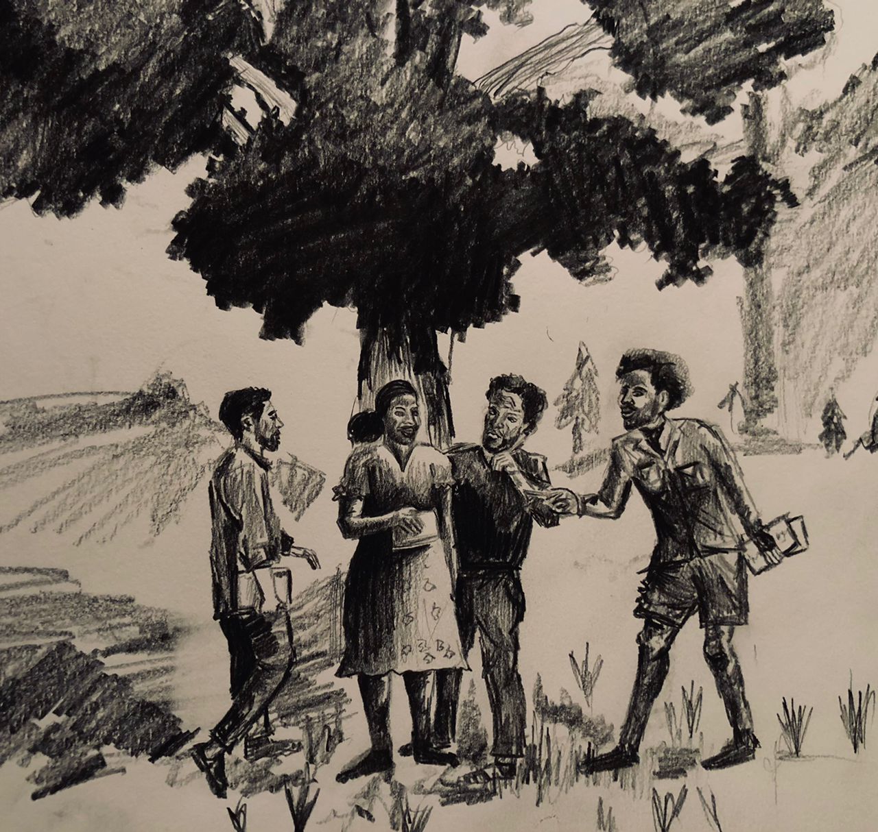 A sketch of 4 people in conversation under a tree.