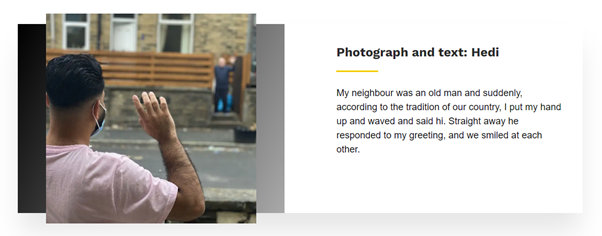 On the left is a photo of a man waving to a neighbour across the street. On the right is some accompanying text. Heading: 'Photograph and text: Hedi'. Text beneath the heading:  'My neighbour was an old man and suddenly, according to the tradition of our country, I put my hand up and waved and said hi. Straight away he responded to my greeting, and we smiled at each other.'