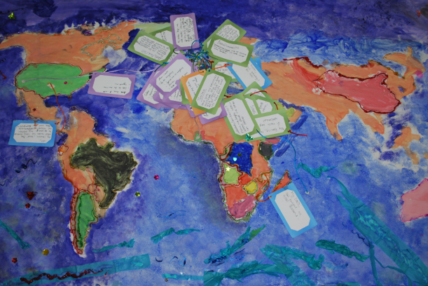 Photo of a painting of a world map, with labels written on by research participants.