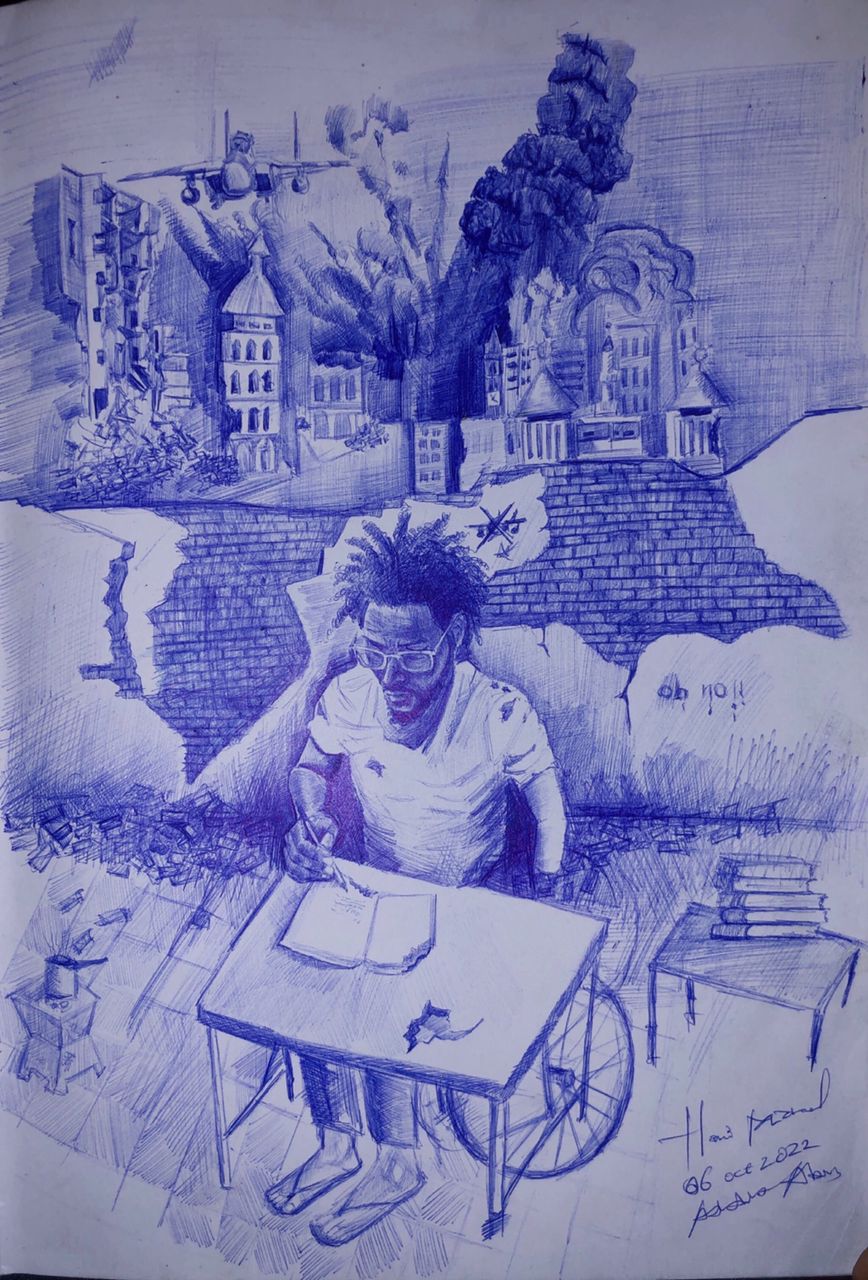 A drawing of a man sitting in a wheelchair writing at a desk. Behind him are bombed buildings and a plane flying overhead.