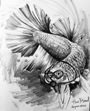 A drawing of a fish swimming in the sea wearing diving gear.