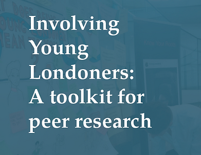 The text 'Involving Young Londoners: A toolkit for peer research' appears against a blue background with a vaguely defined image behind, which looks like it could be a board with some writing on, a cupboard, and a person.