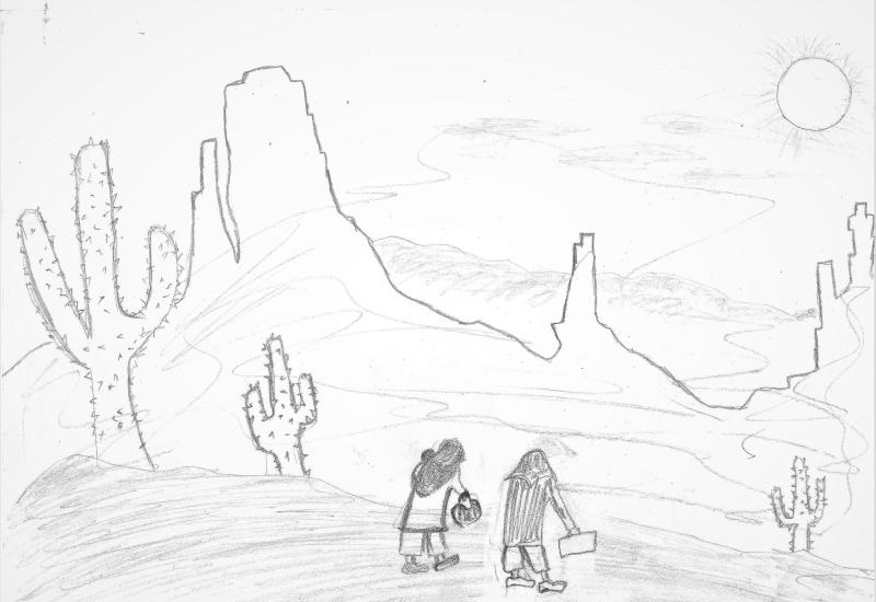 A drawing by a young refugees of two people walking through a desert