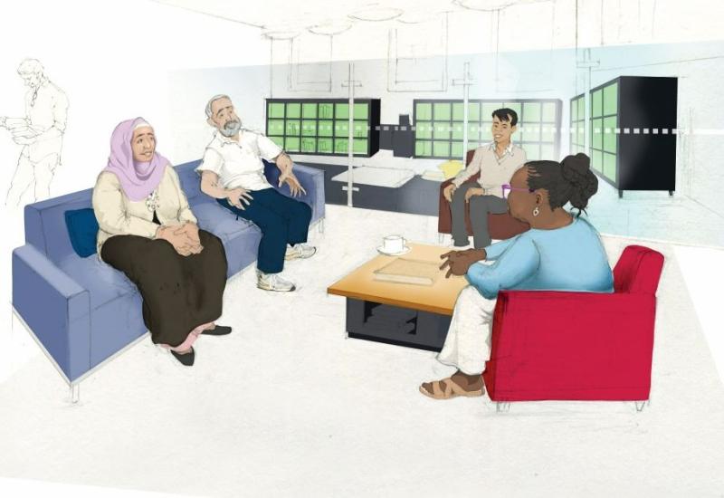 A group of refugees meeting having a conversation in an informal setting