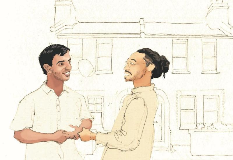 An illustration of two neighbours chatting on the street