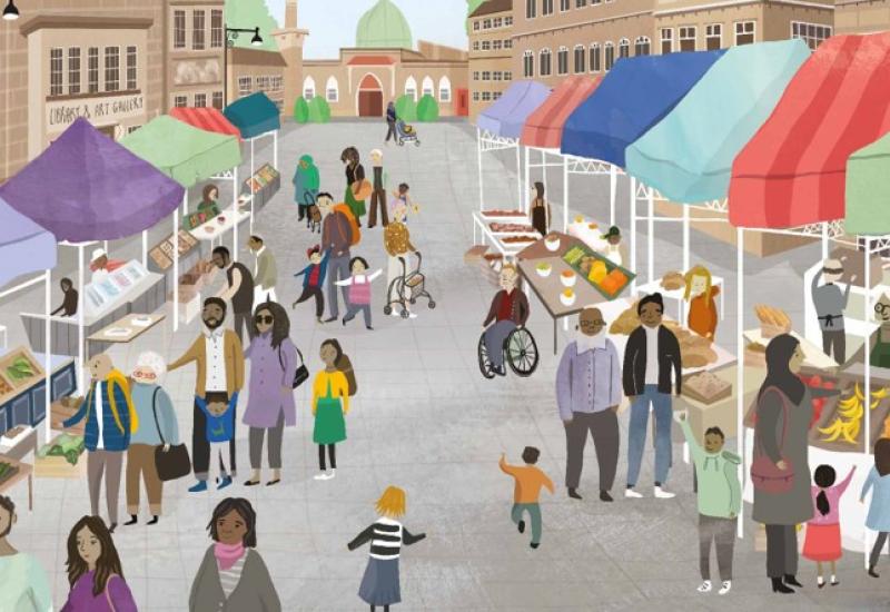 A illustration of Batley town centre on market day